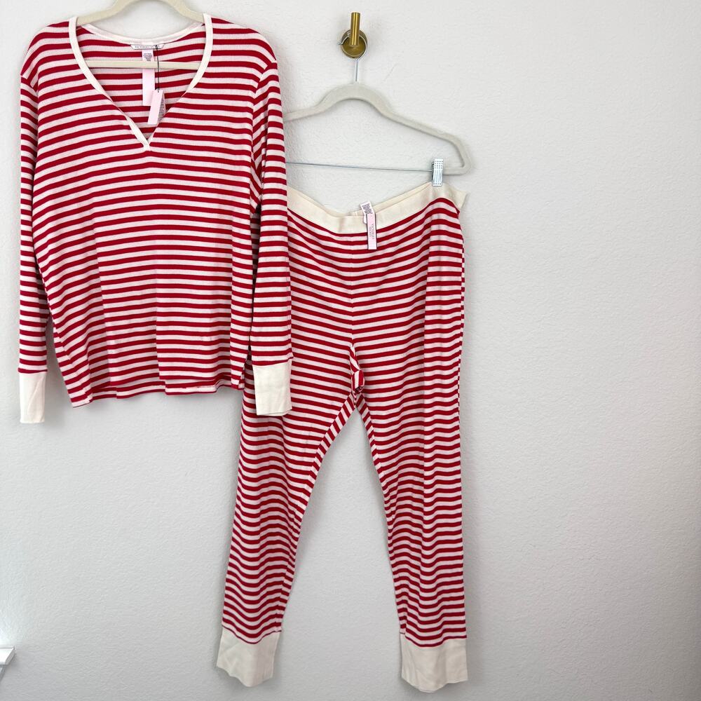 Victoria's Secret Womens Thermal Long Pajama Set Sz XXL Candy Cane Stripe Red